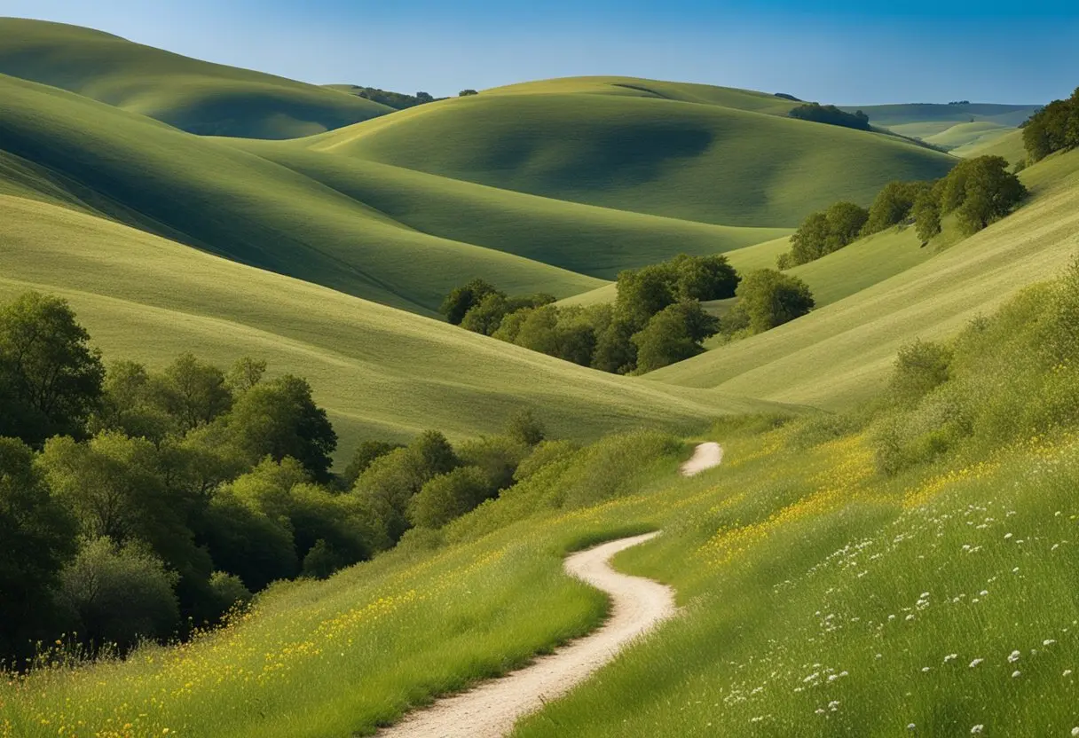 Rolling hills, dotted with oak trees and wildflowers, stretch out under a clear blue sky. A winding trail leads through the peaceful landscape